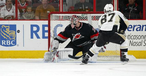 Sidney Crosby on a great break away chance against the Hurricanes