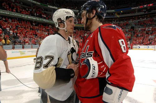 Sidney Crosby recieves a congratulatory handshake from Alexander Ovechkin after the Pens routed the Caps in game 7