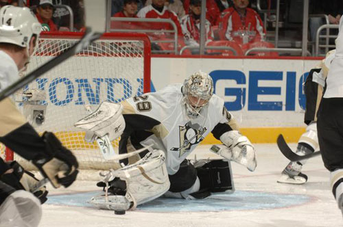 Marc-Andre Fleury blocks a shot against the Washington Capitals on February 22, 2009 in a 5-2 defeat.