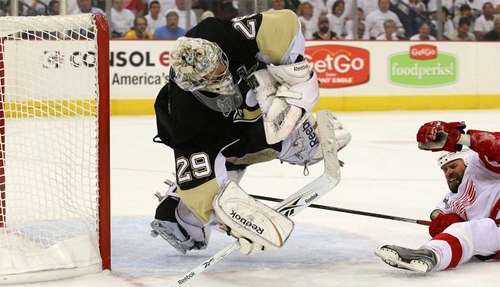 Marc-Andre Fleury makes a leaping save in game 4 of the Stanley Cup Finals