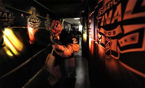 Pittsburgh goaltender Marc-Andre Fleury comes down the tunnel for the start of the game.