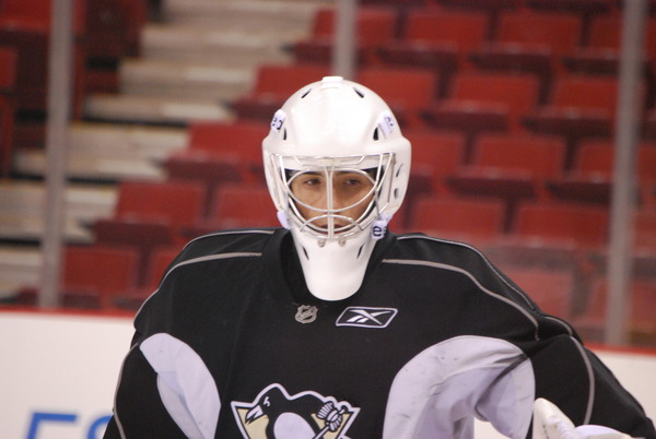 Marc-Andre Fleury donned a virgin white mask at practice this morning