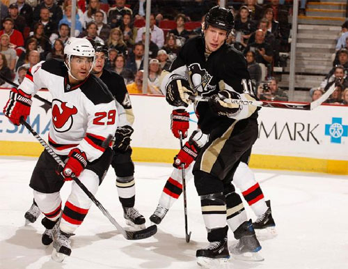 Jordan Staal plays the puck against the Devils on 4/1/09