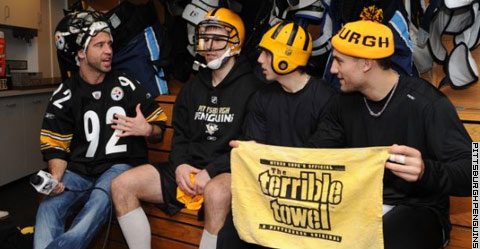 Max Talbot, Eric Godard, Marc-Andre Fleury, and Paul Bissonnette all show their support for the Pittsburgh Steelers