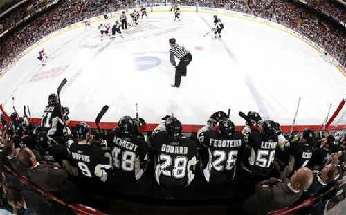 View from behind the Penguins bench during a game with the Panthers on 3/10